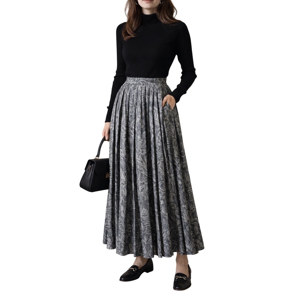 Vintage Pleated Floral Maxi Skirt Gray‎ Black  6P Dark Academia Grannycore